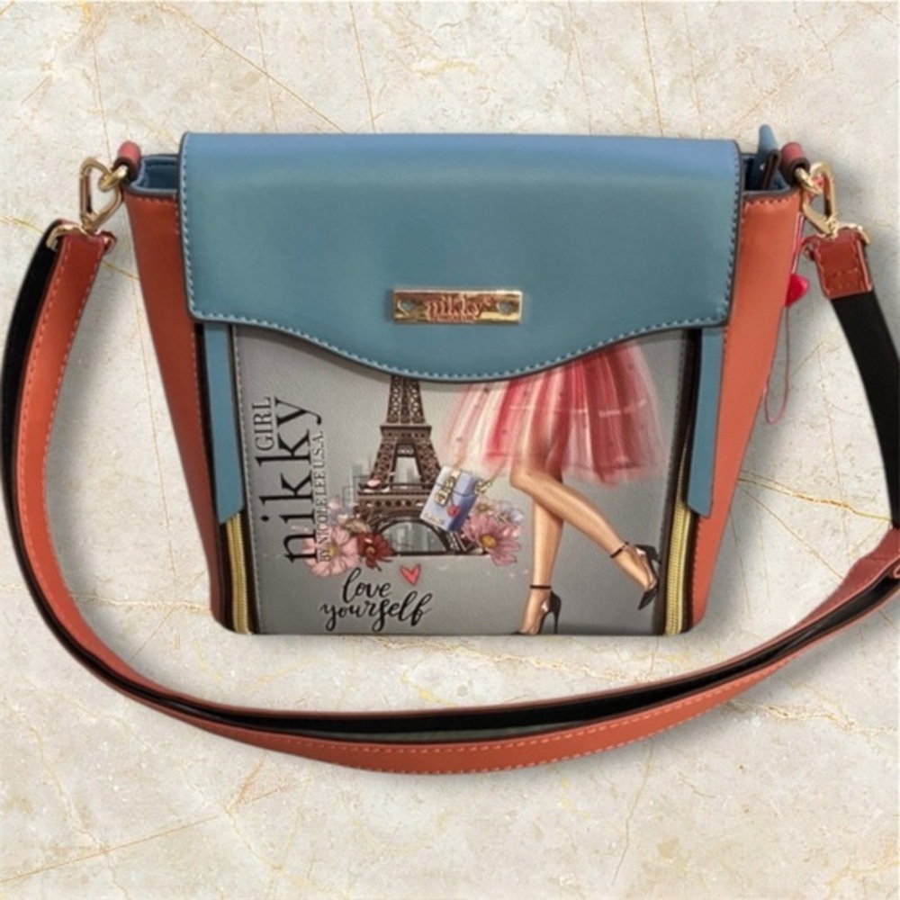 Stylish Blue and Orange Crossbody Bag with Artistic Design